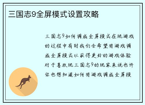 三国志9全屏模式设置攻略