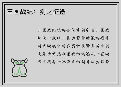 三国战纪：剑之征途