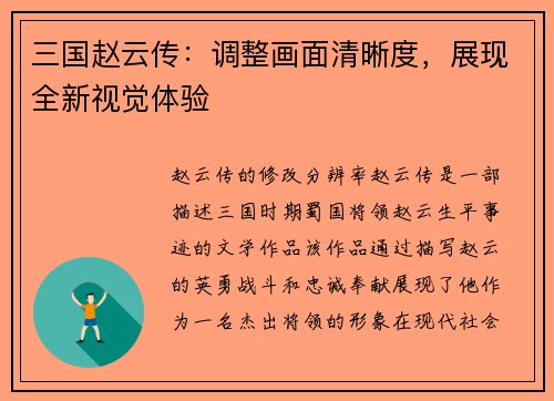 三国赵云传：调整画面清晰度，展现全新视觉体验