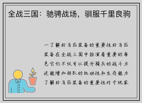 全战三国：驰骋战场，驯服千里良驹